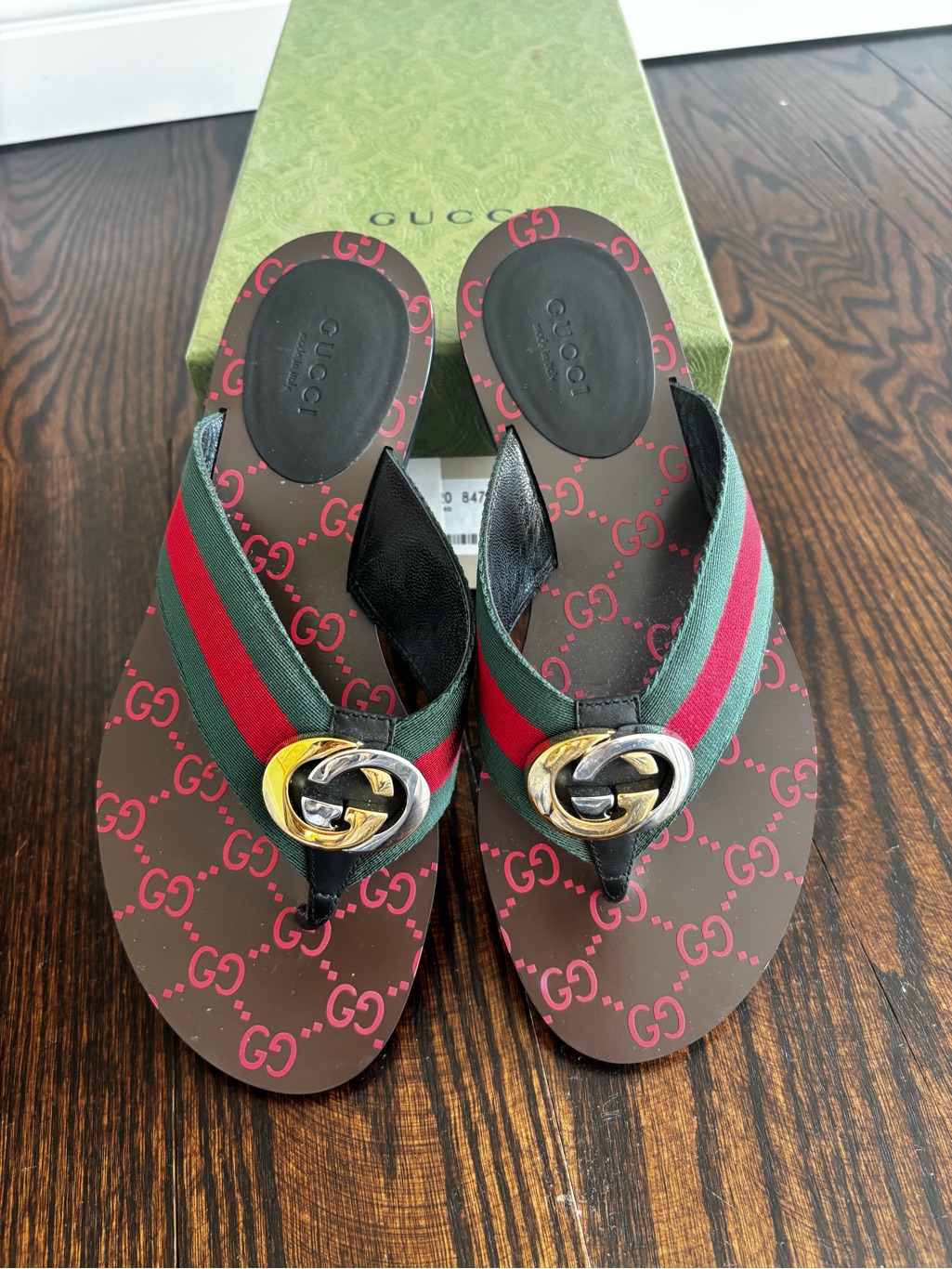 Gucci Brown Footbed Red Logo Green Red Web Heel Sandals